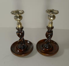 Pair Antique English Oak Open Barley Twist Candlesticks, Brass Thistle Tops