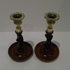 Pair 8" Antique English Oak Barley Twist Candlesticks - Brass Thistle Tops