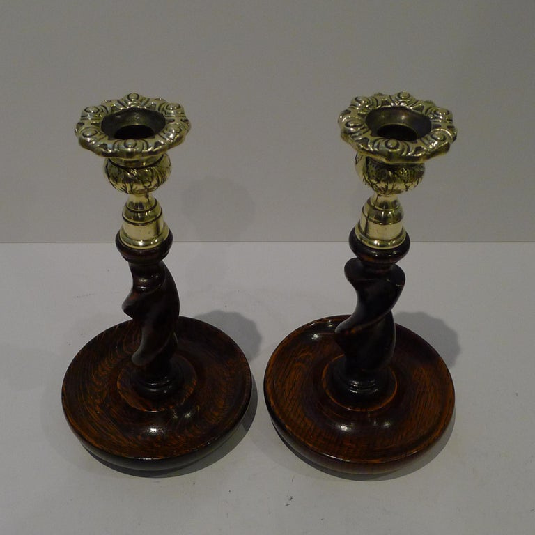Pair 8 Antique English Oak Barley Twist Candlesticks - Brass Thistle Tops  For Sale at 1stDibs