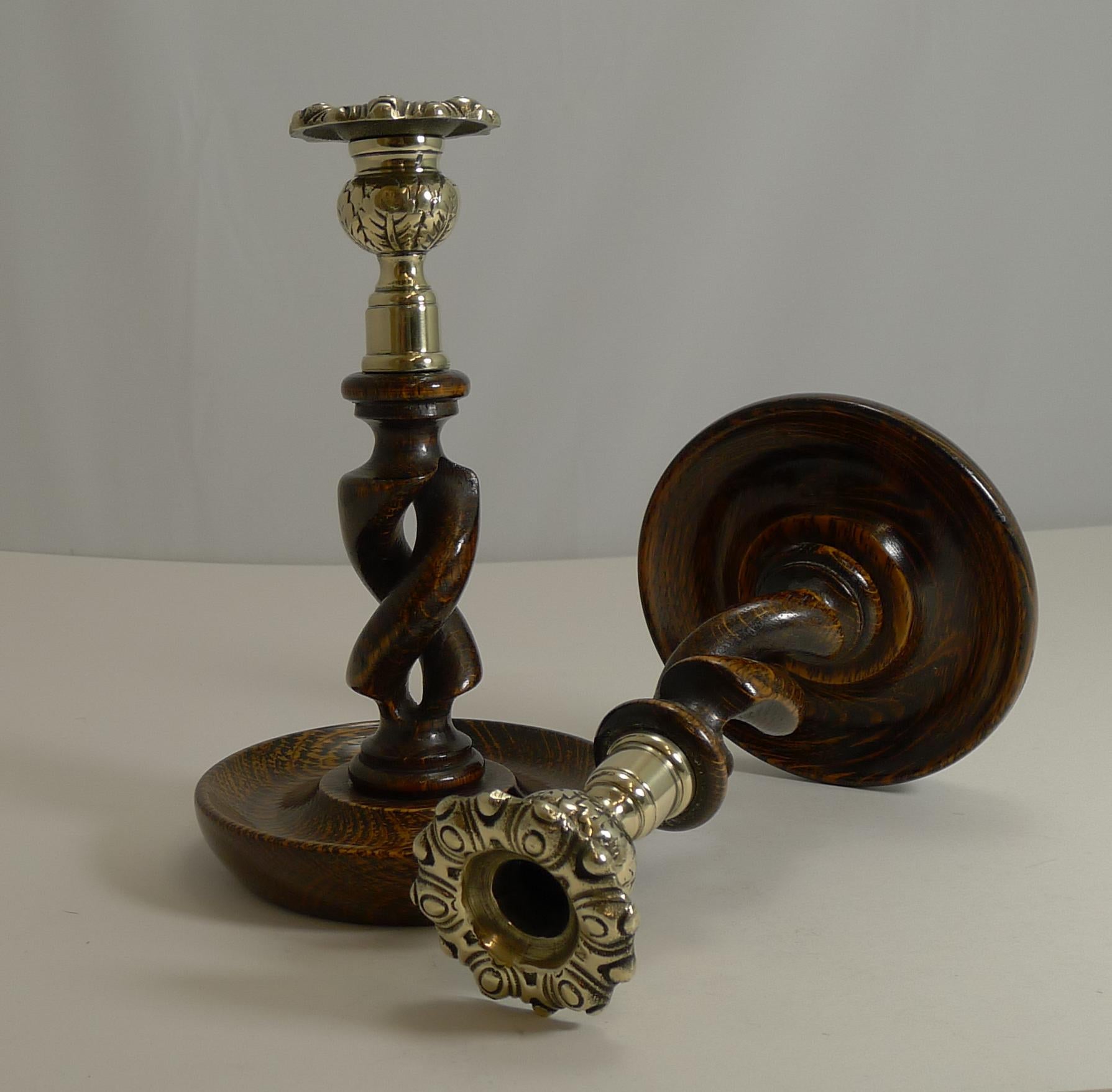 Early 20th Century Pair of Antique English Oak Open Barley Twist Candlesticks, Brass Thistle Tops
