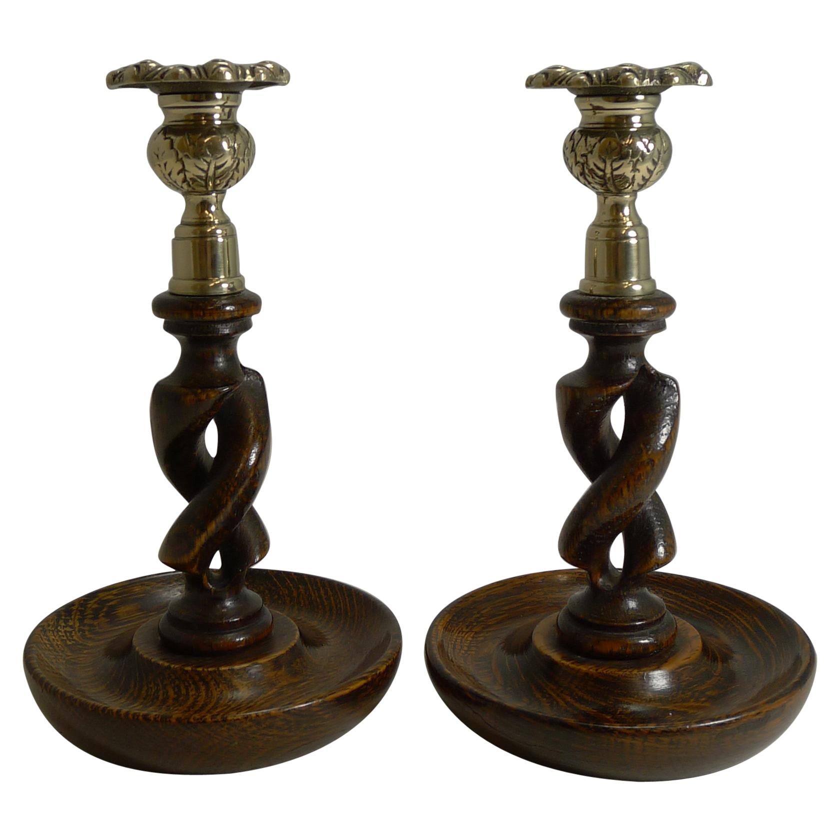 Pair of Antique English Oak Open Barley Twist Candlesticks, Brass