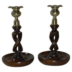 Pair Antique English Oak Open Barley Twist Candlesticks, Brass Thistle Tops