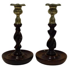 Pair 8" Antique English Oak Barley Twist Candlesticks - Brass Thistle Tops