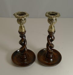 Pair of Antique English Oak Barley Twist Candlesticks, Brass Thistle Tops
