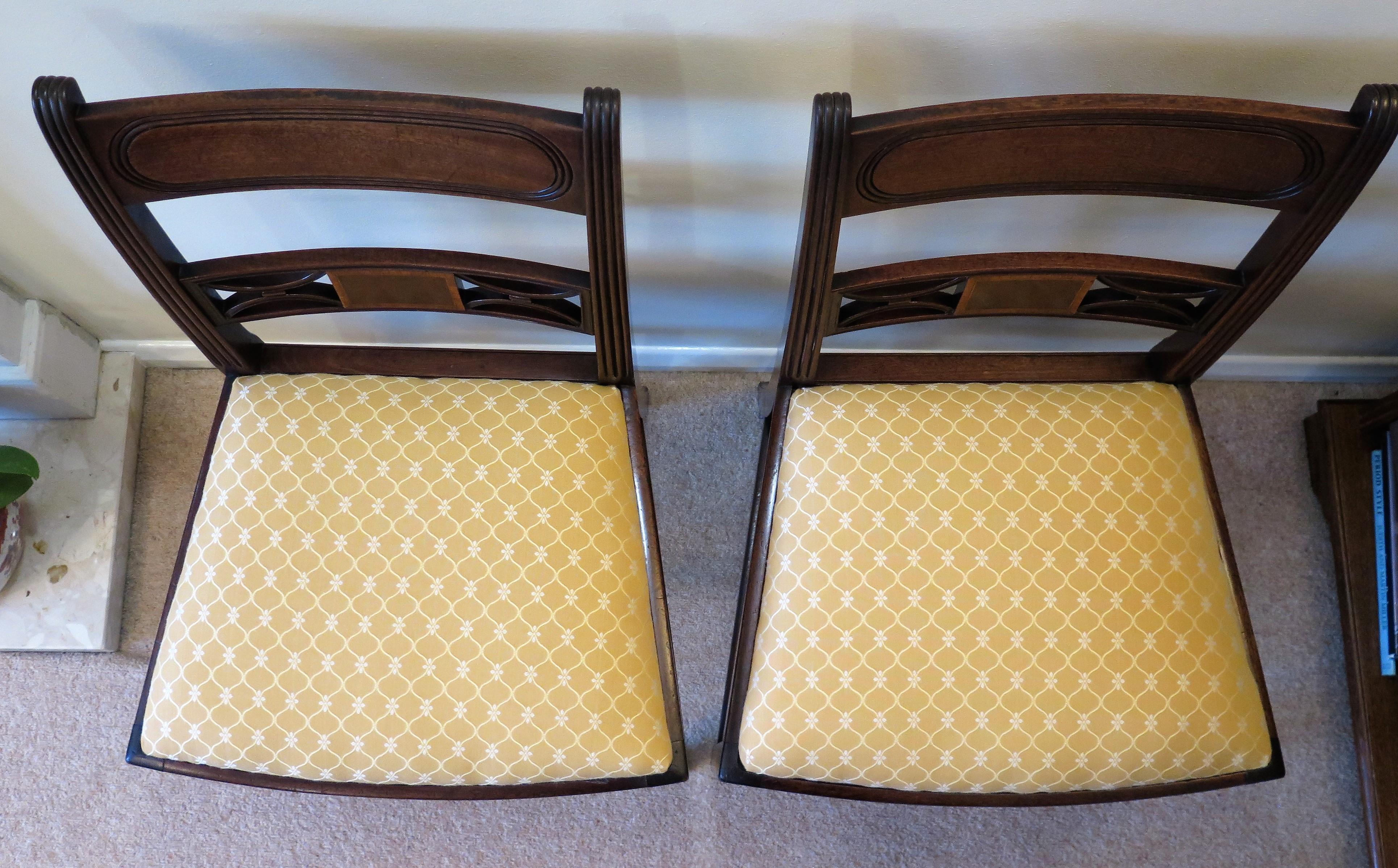 Hand-Crafted PAIR of Georgian Dining Chairs Carved Inlaid, English Sheraton period Ca 1790