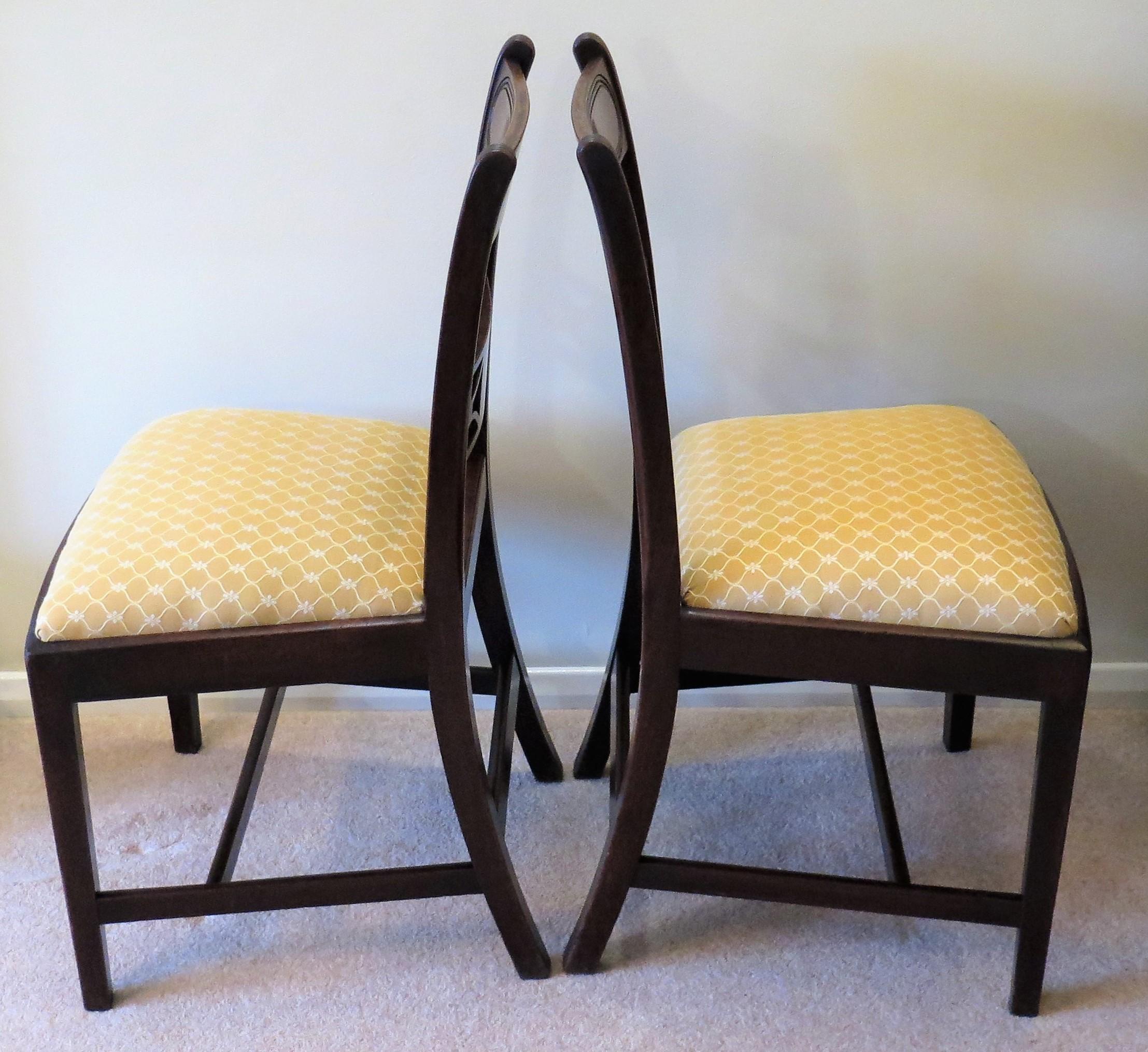 Fabric PAIR of Georgian Dining Chairs Carved Inlaid, English Sheraton period Ca 1790 