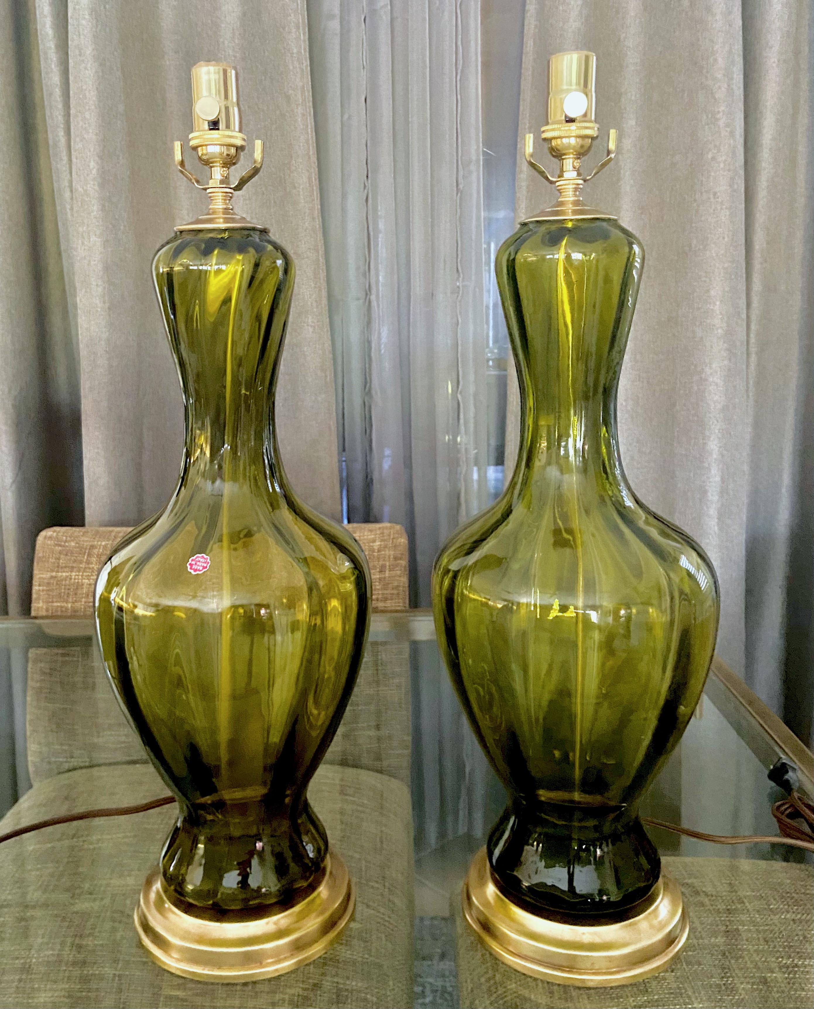 Italian Pair Absinthe Coloured Murano Glass Lamps For Sale