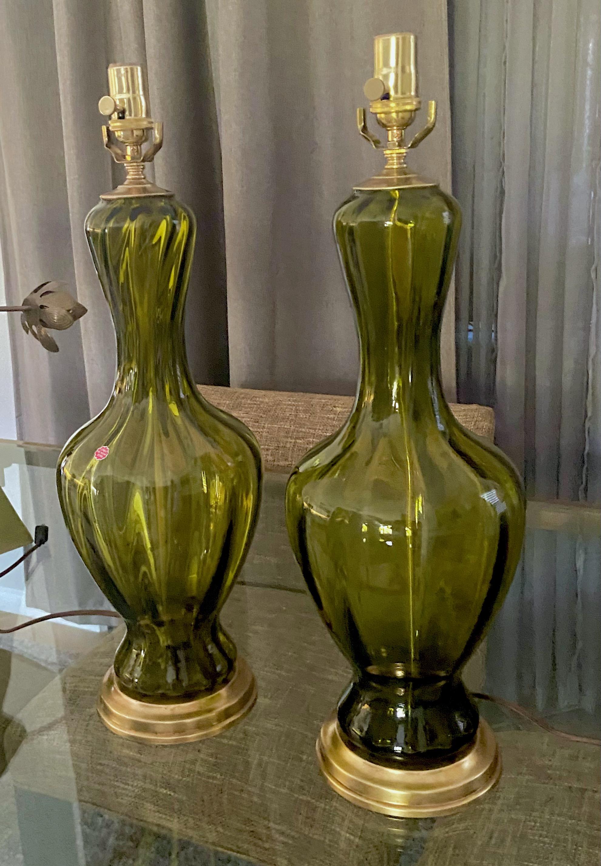 Pair Absinthe Coloured Murano Glass Lamps In Good Condition For Sale In Palm Springs, CA