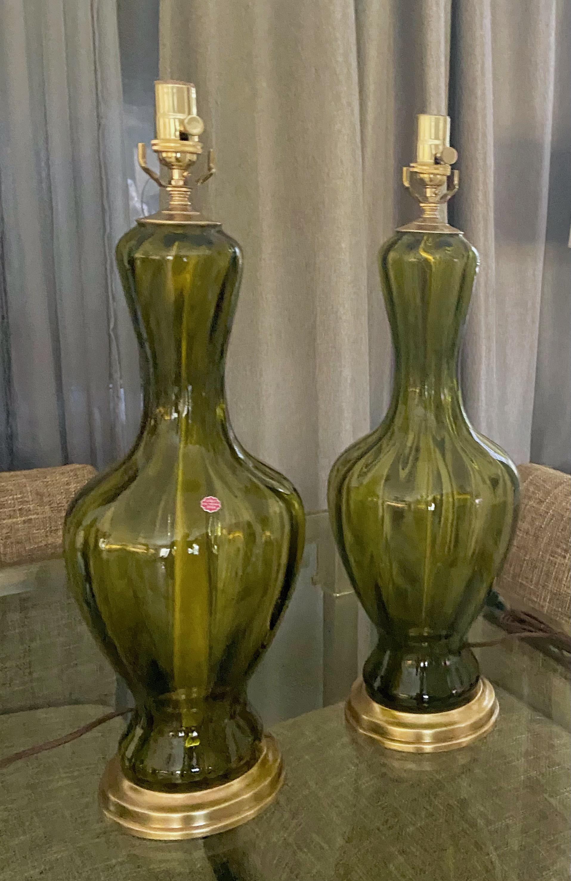 Mid-20th Century Pair Absinthe Coloured Murano Glass Lamps For Sale