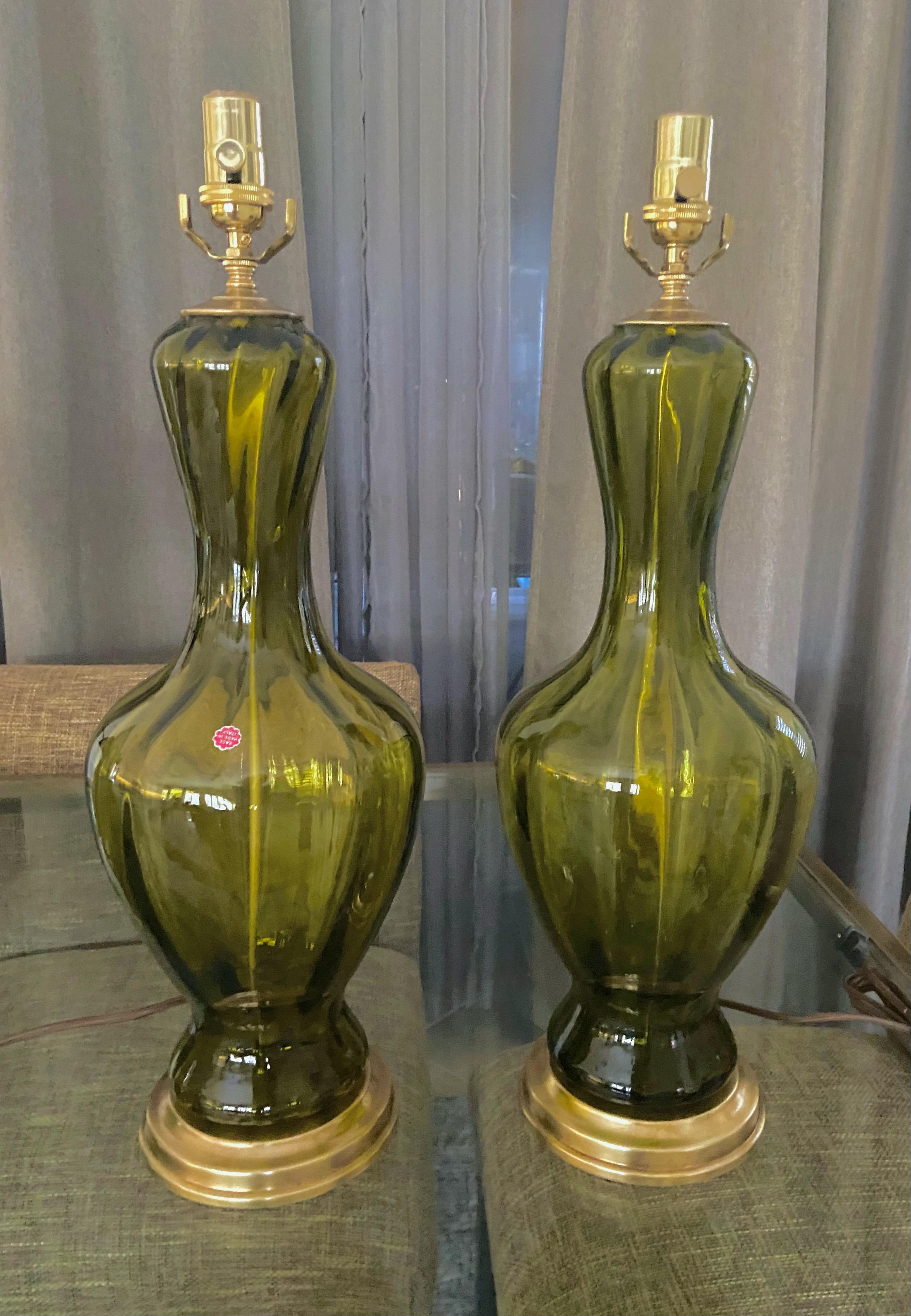 Brass Pair Absinthe Coloured Murano Glass Lamps For Sale