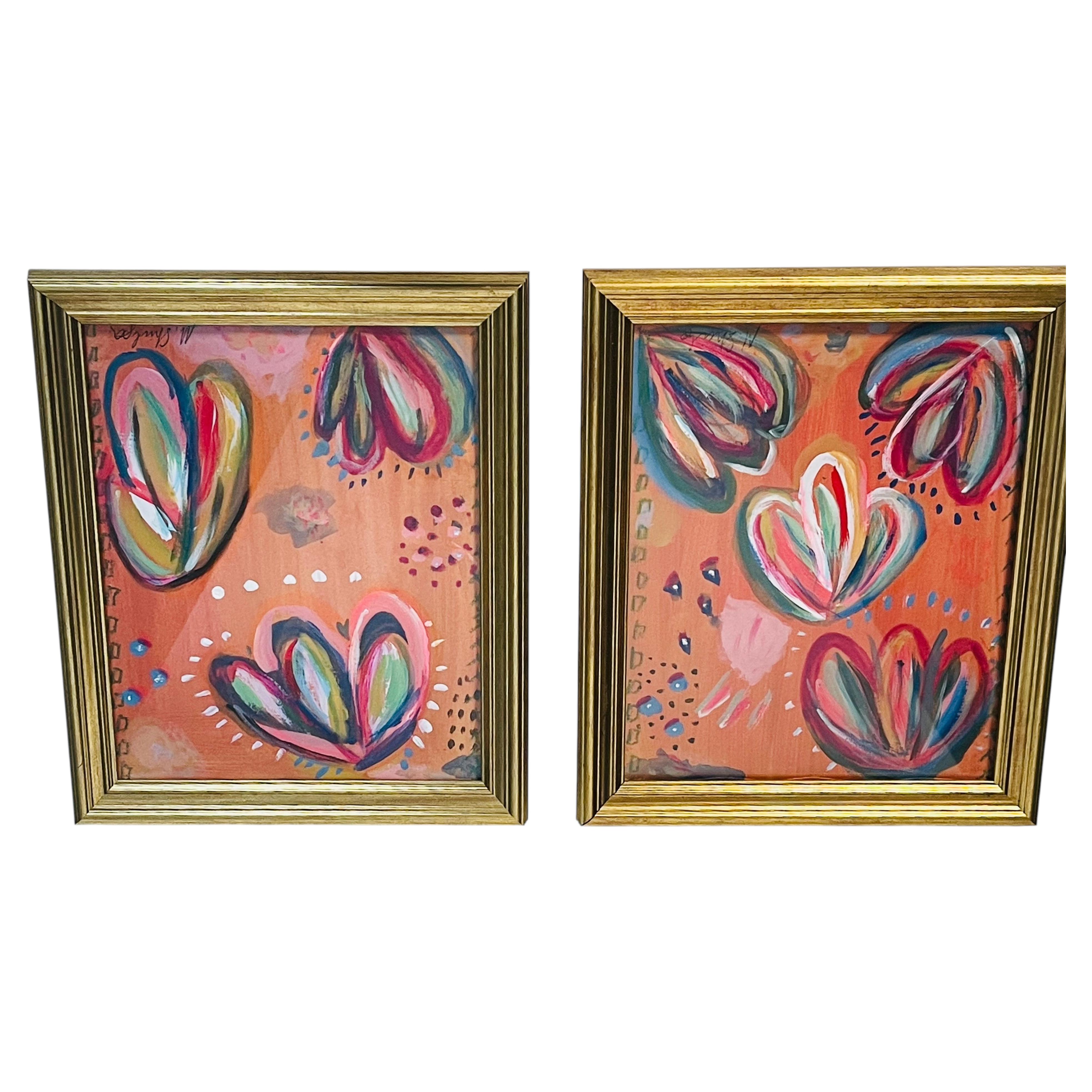 Pair Abstract Colorful Paintings Signed by the Artist and Framed For Sale