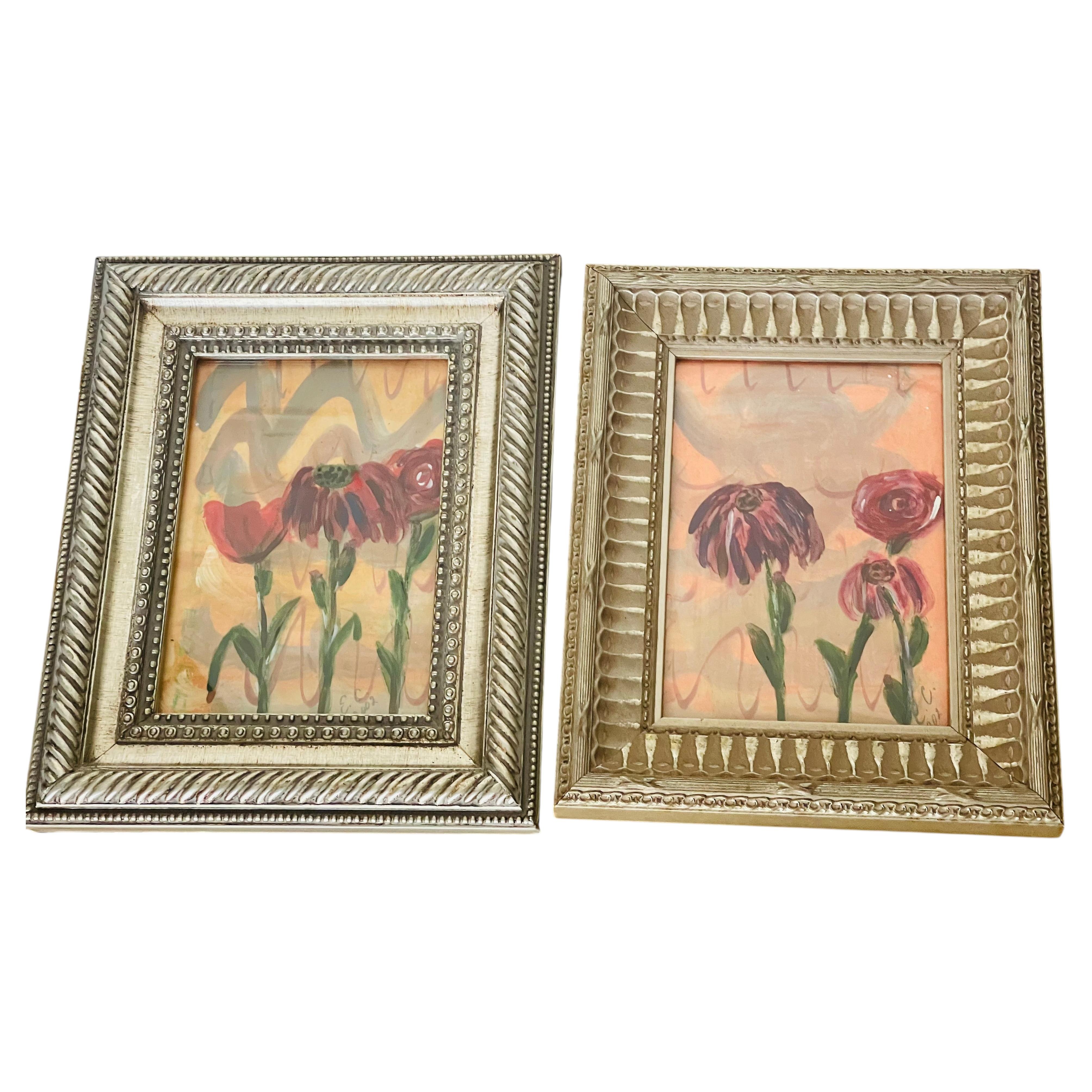 Pair Abstract Floral Small Paintings in Frames