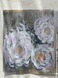 Pair Abstract Pink Roses Floral Paintings Signed and Framed