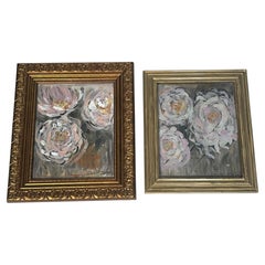 Pair Abstract Pink Roses Floral Paintings Signed and Framed