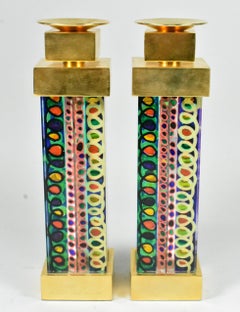 Pair Acrylic and Brass Shabbat Hand Painted Candle Holders, In the Style Of Agam