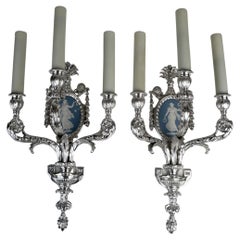Antique Pair Adam Style Silver Sconces with Wedgwood Plaques, Attributed to Caldwell