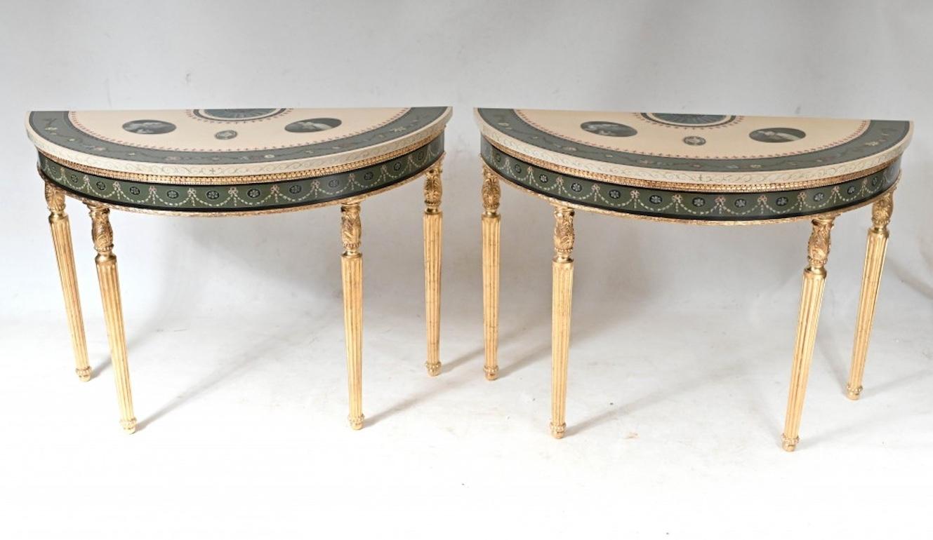 Pair Adams Console Tables Gilt Painted Tops Demi Lune For Sale 13