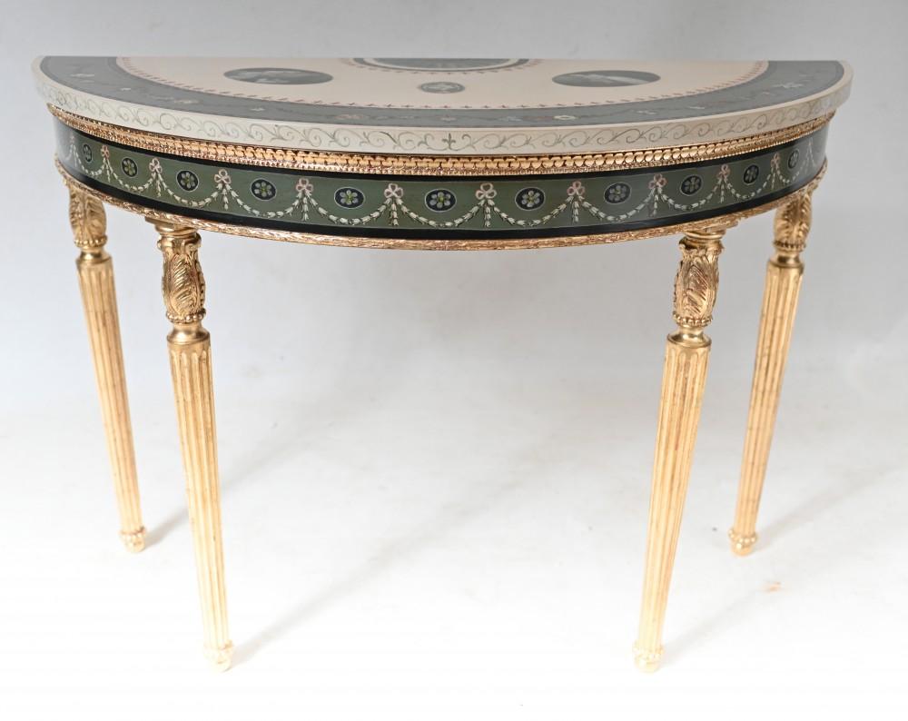 Wood Pair Adams Console Tables Gilt Painted Tops Demi Lune For Sale
