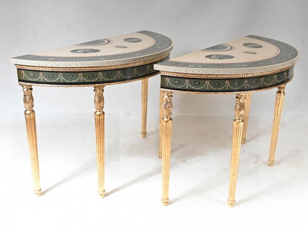 Pair Adams Console Tables Gilt Painted Tops Demi Lune For Sale 3