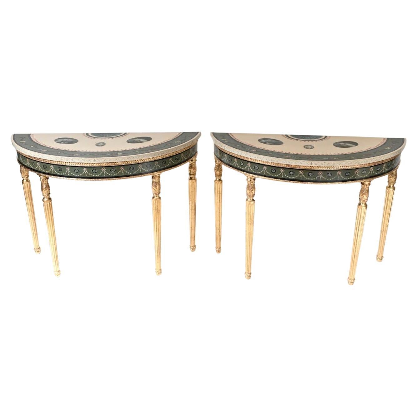 Pair Adams Console Tables Gilt Painted Tops Demi Lune For Sale