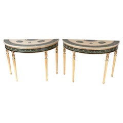 Used Pair Adams Console Tables Gilt Painted Tops Demi Lune