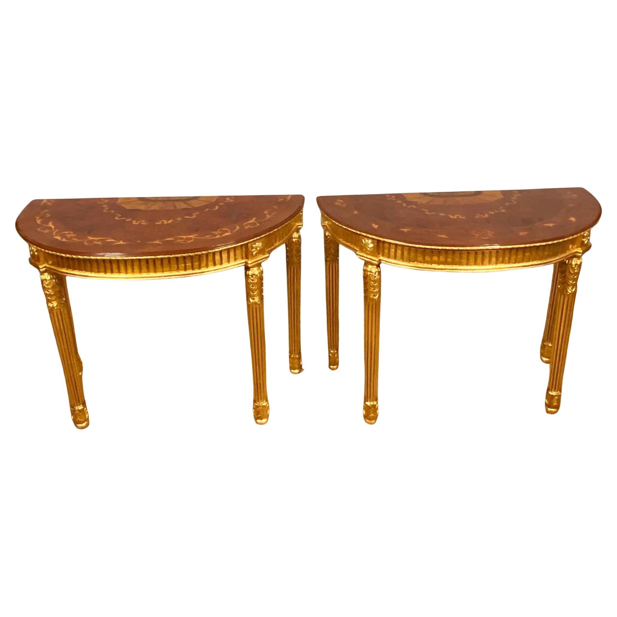 Pareja de consolas Adams Mesa de salón Demi Lune Regency Dorada en venta