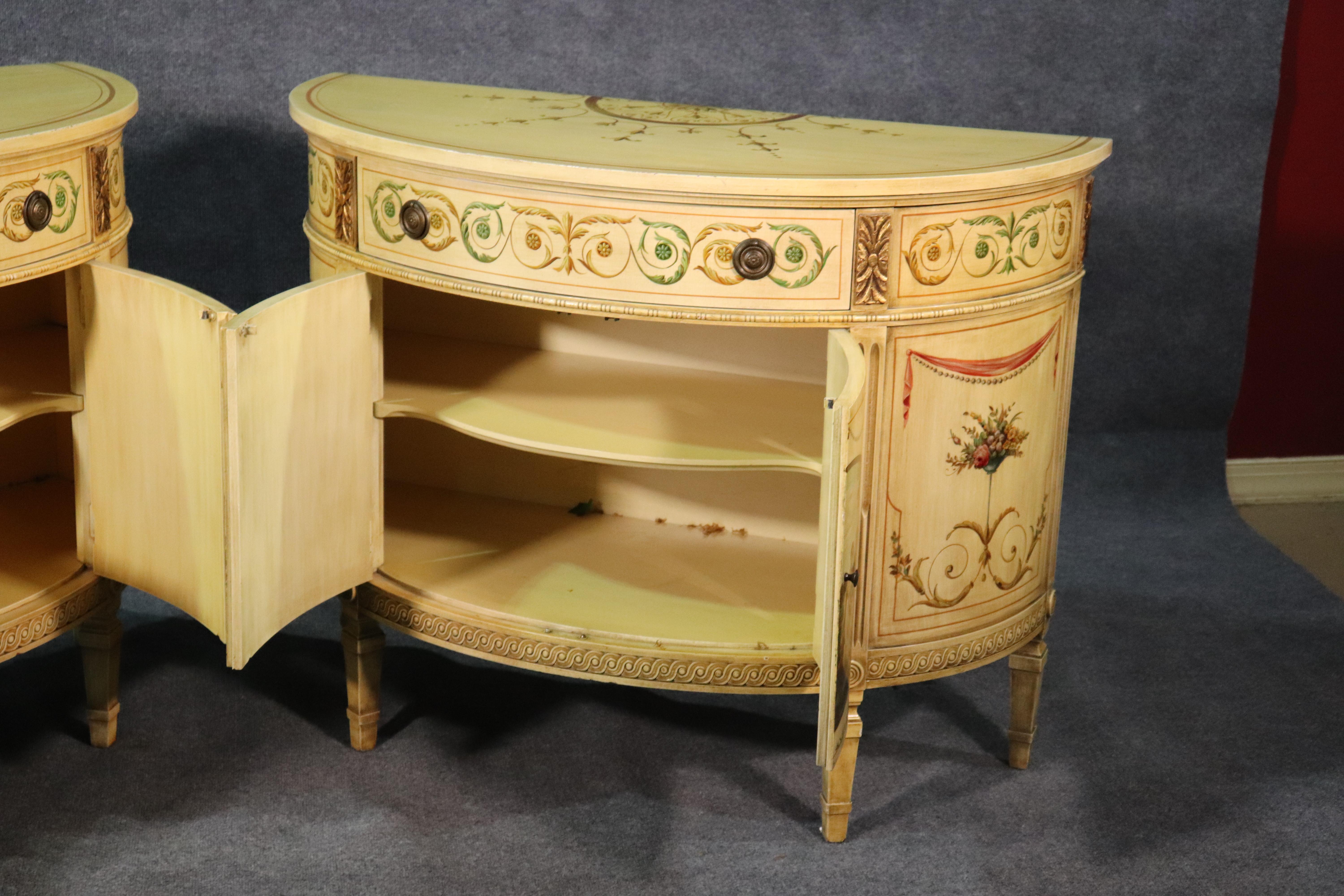 Pair of Adams Paint Decorated Demilune Commodes Attributed to Widdicomb 8