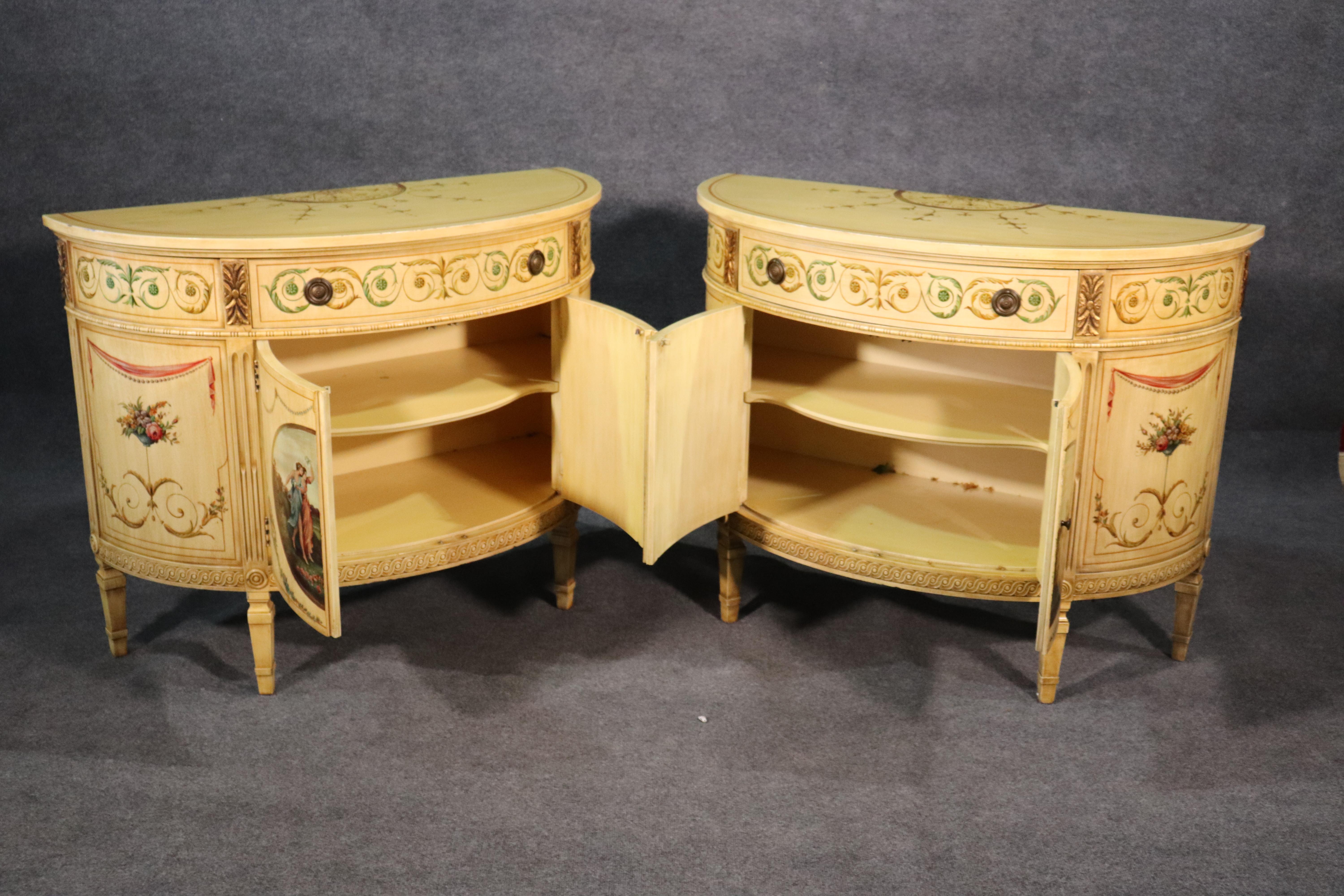 Adam Style Pair of Adams Paint Decorated Demilune Commodes Attributed to Widdicomb