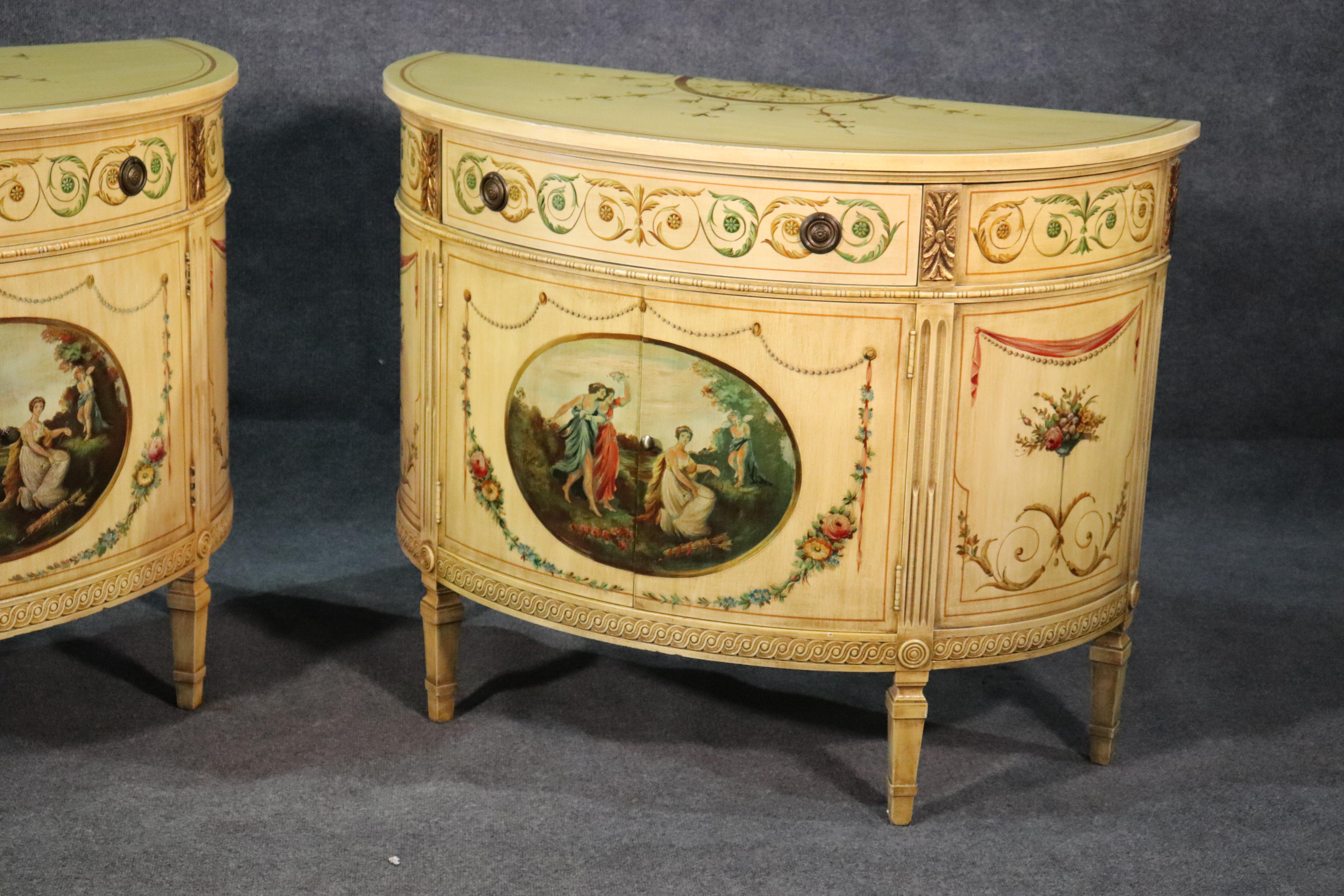American Pair of Adams Paint Decorated Demilune Commodes Attributed to Widdicomb