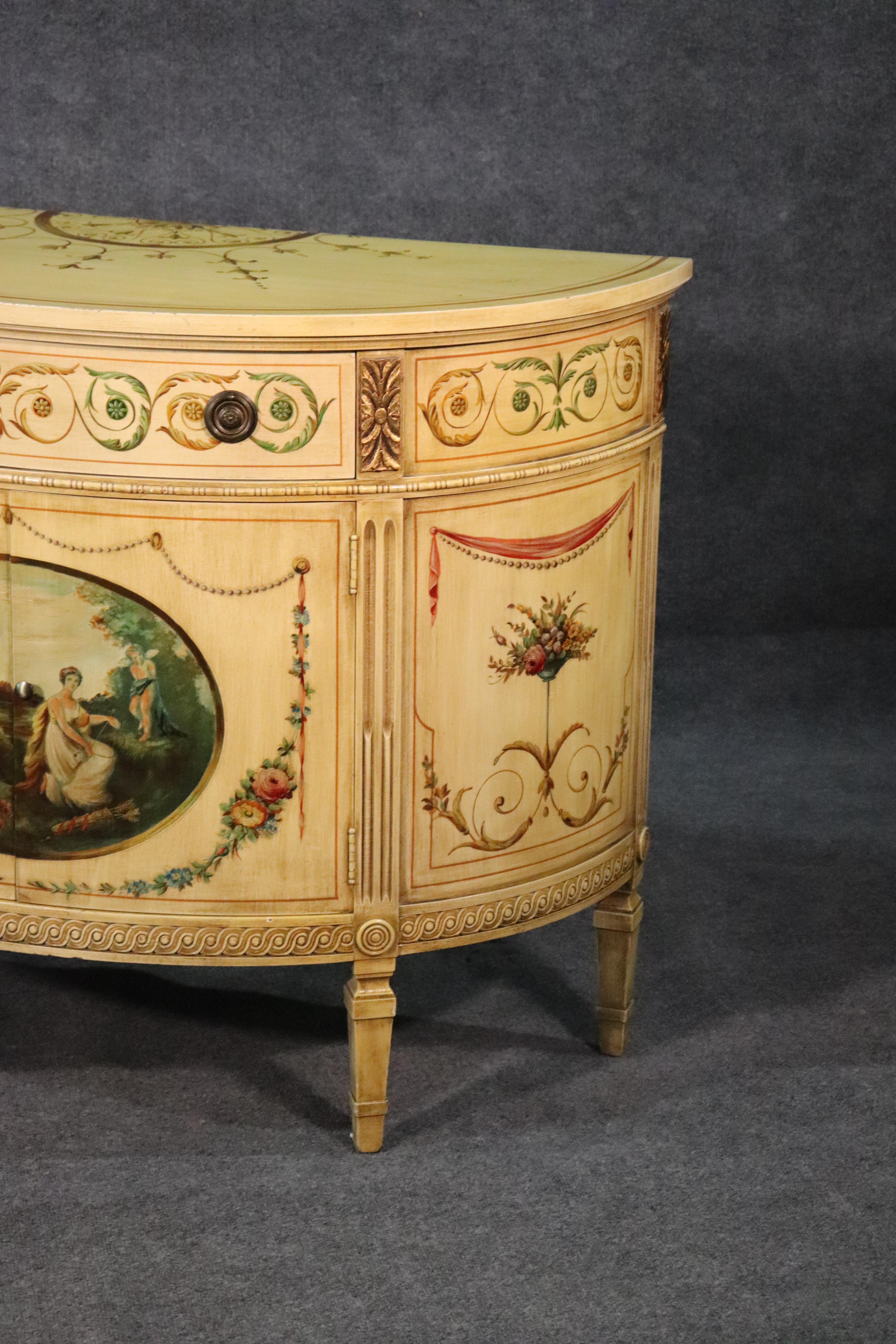 Mid-20th Century Pair of Adams Paint Decorated Demilune Commodes Attributed to Widdicomb