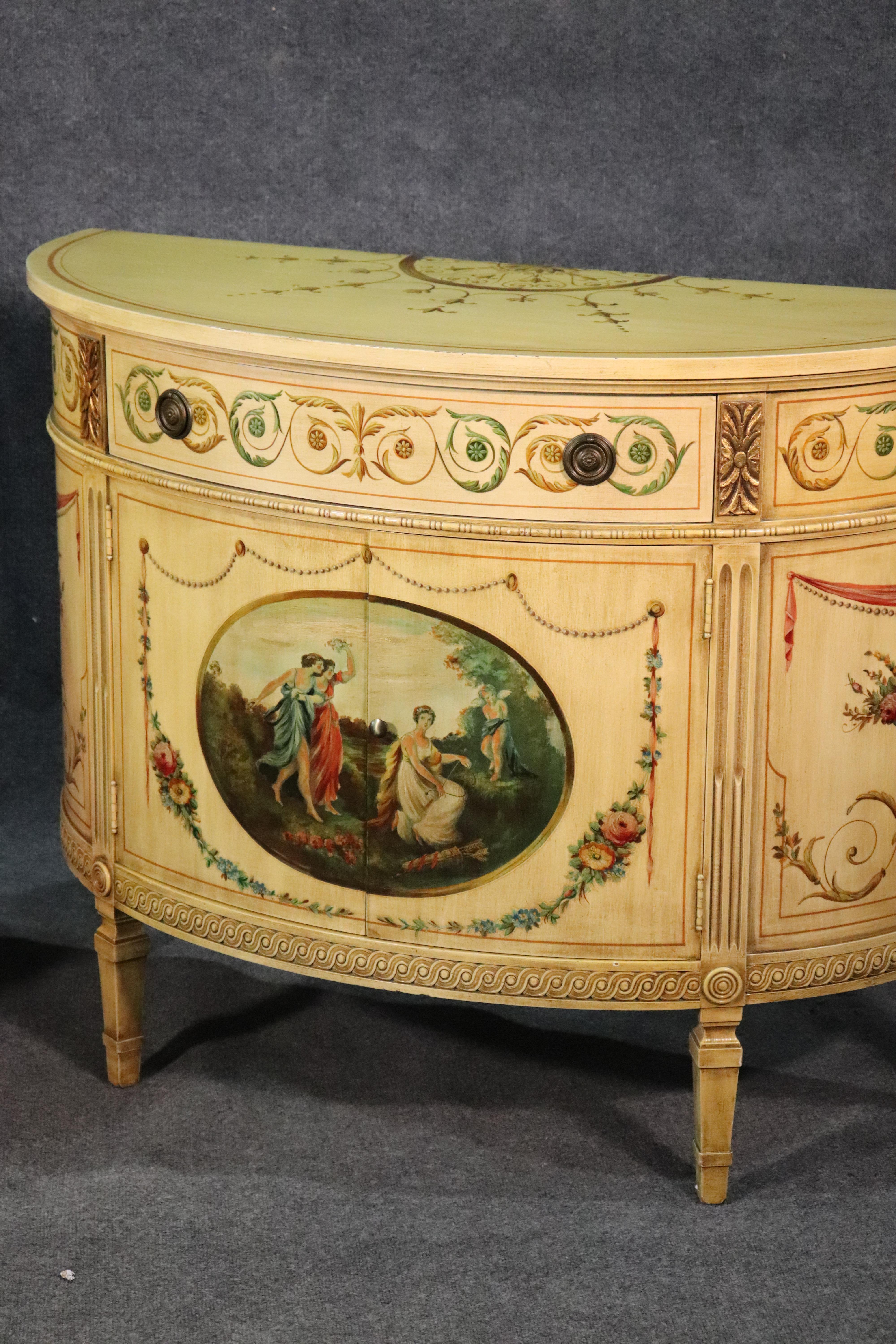 Mahogany Pair of Adams Paint Decorated Demilune Commodes Attributed to Widdicomb
