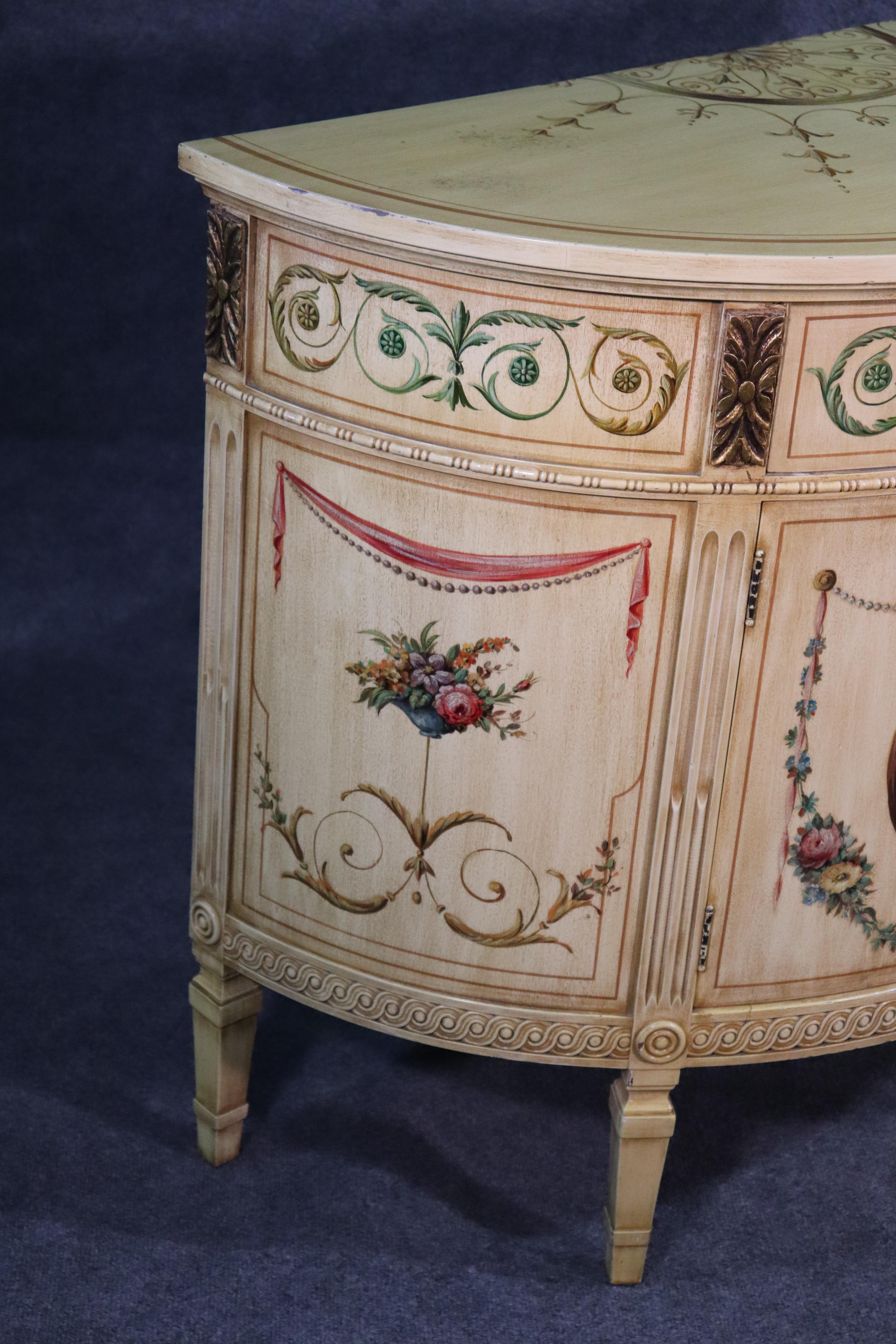 Pair of Adams Paint Decorated Demilune Commodes Attributed to Widdicomb 1