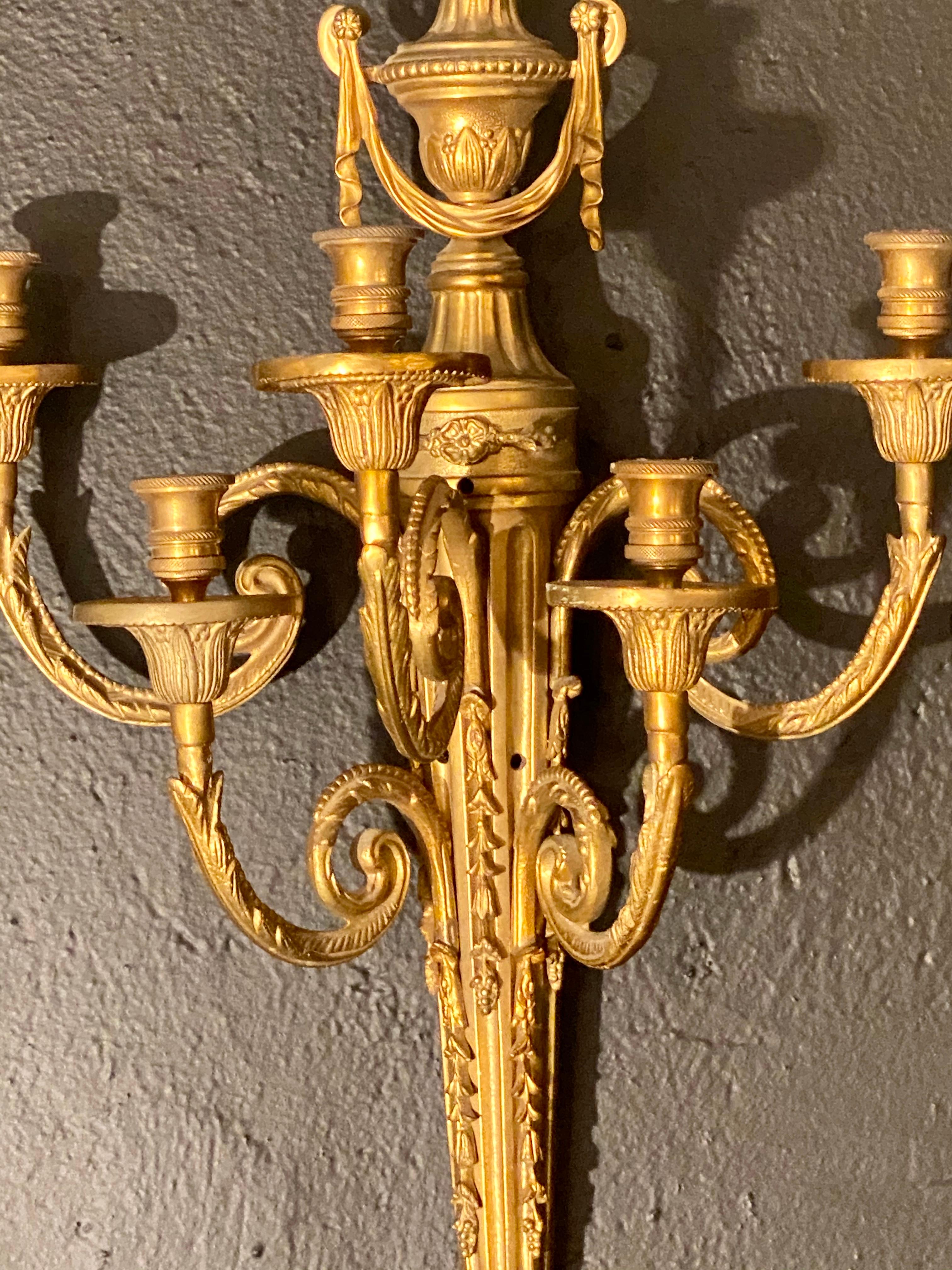 Adam Style Pair Adams Style Five Arm  Dore Bronze Sconces, Wall Tassel Decorated For Sale