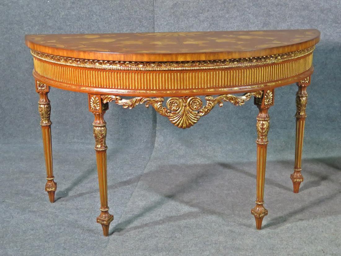Adam Style Pair Adams Style Inlaid Carved Walnut Maitland Smith Demilune Console Tables