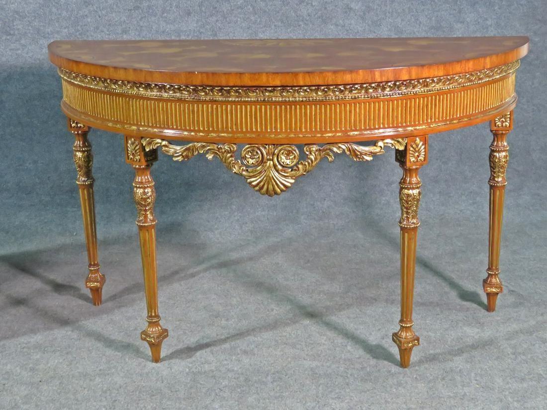 Pair Adams Style Inlaid Carved Walnut Maitland Smith Demilune Console Tables In Good Condition In Swedesboro, NJ