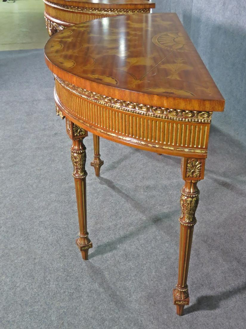 Late 20th Century Pair Adams Style Inlaid Carved Walnut Maitland Smith Demilune Console Tables