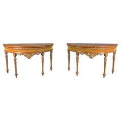 Pair Adams Style Inlaid Carved Walnut Maitland Smith Demilune Console Tables