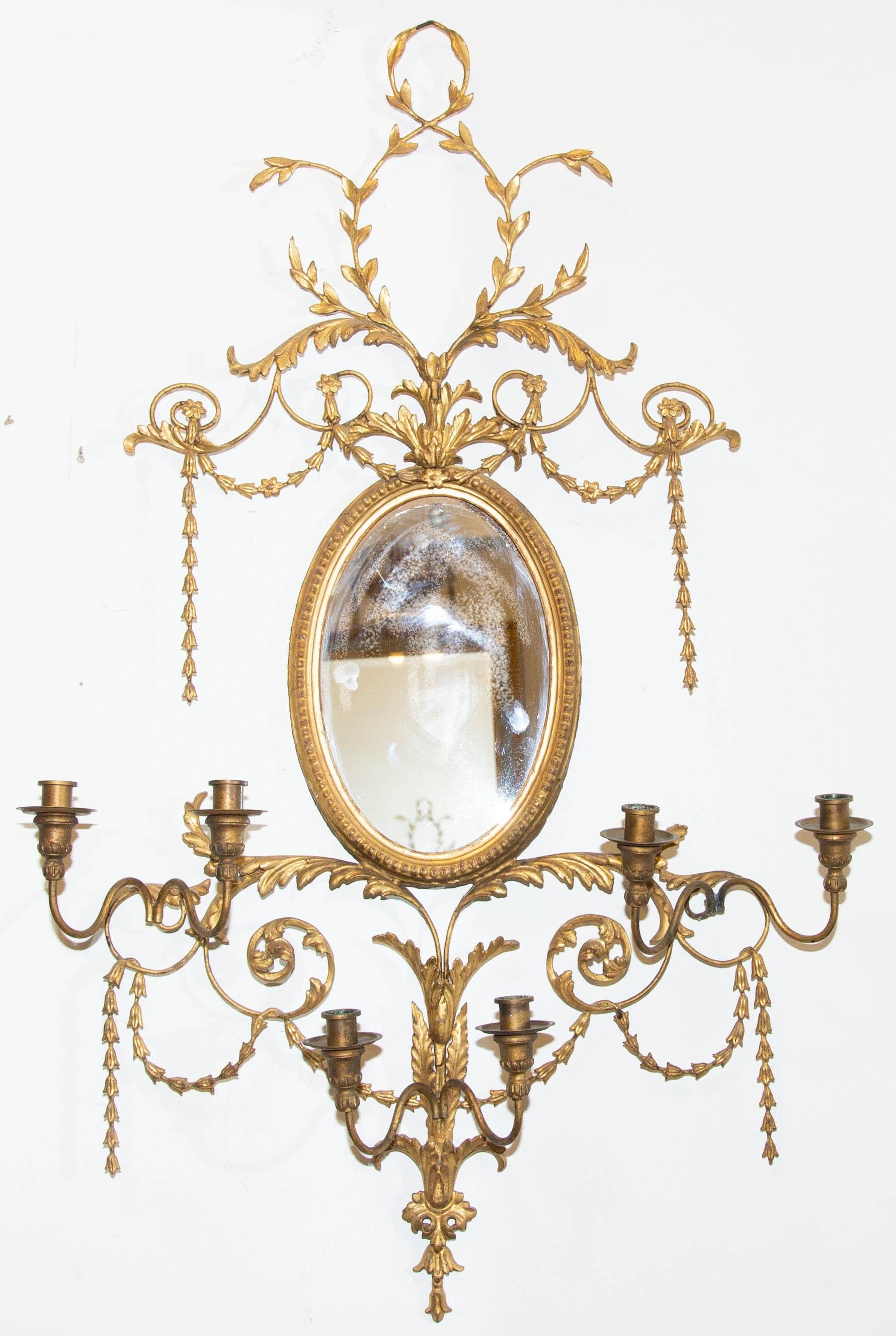 European Pair of Adams Style Gilt Mirrors with Sconces