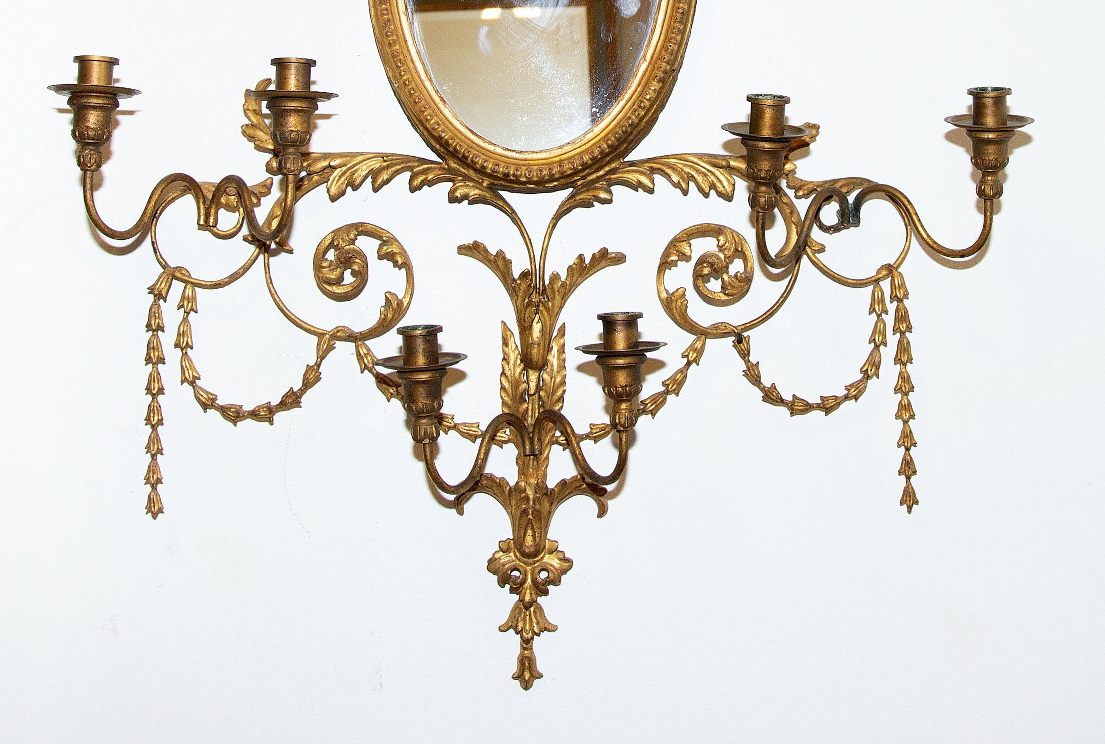 19th Century Pair of Adams Style Gilt Mirrors with Sconces