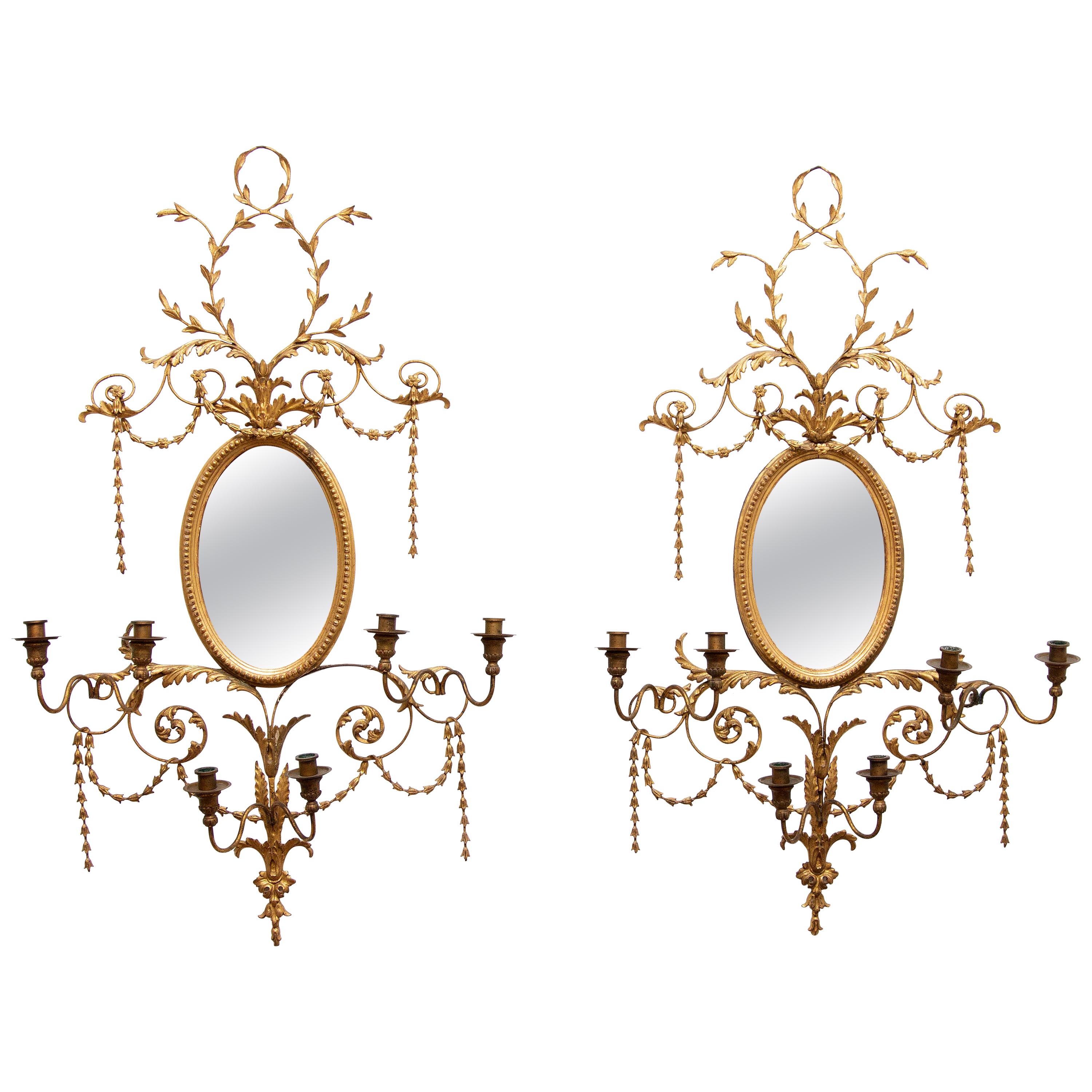 Pair of Adams Style Gilt Mirrors with Sconces