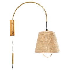 Pair Adjustable Wall Lights Sconces, Kalmar Josef Frank, Brass Wood Wicker, 1960