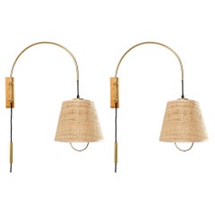 Pair Adjustable Wall Lights Sconces, Kalmar Josef Frank, Brass Wood Wicker, 1960