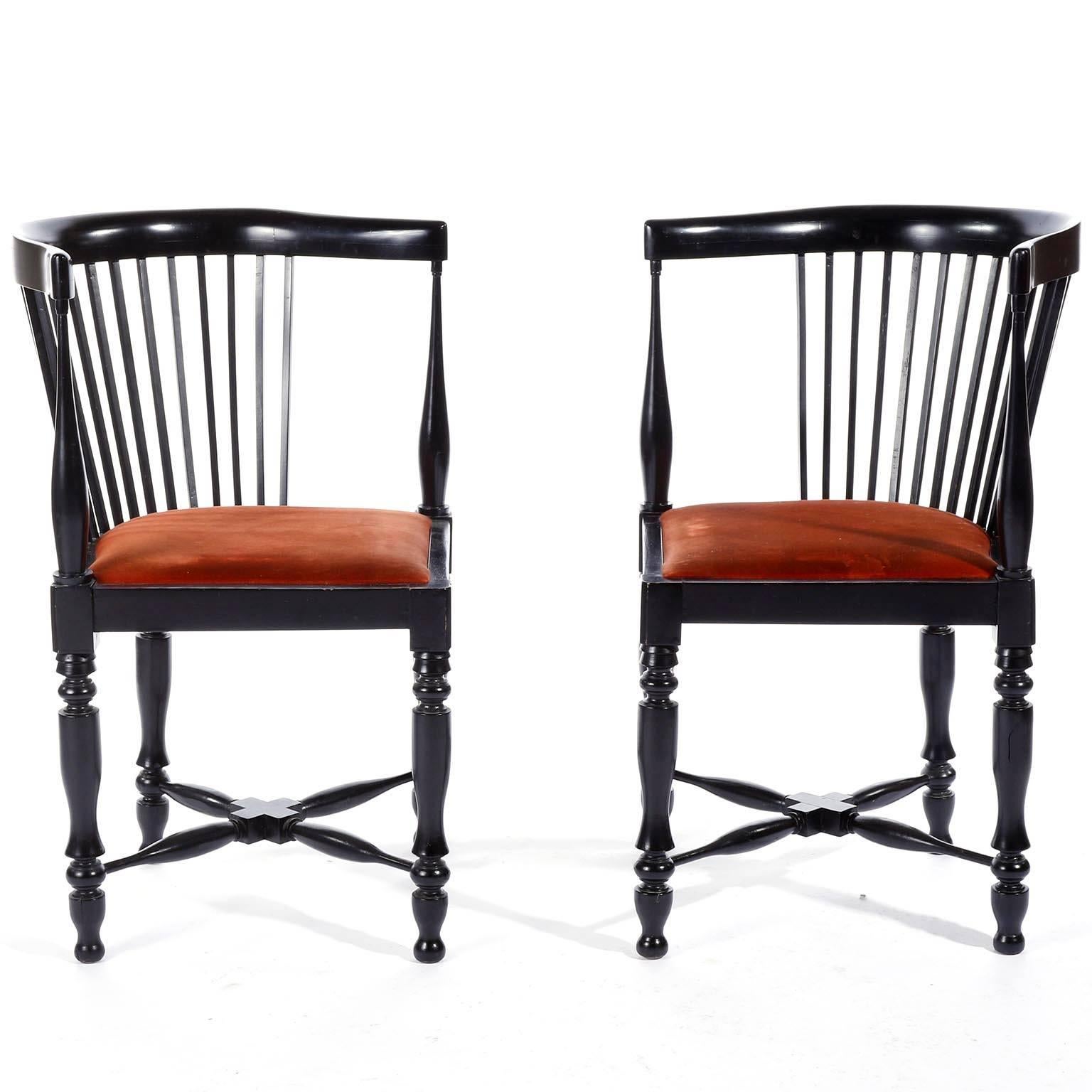 A pair of extremely rare corner armchairs designed by Adolf Loos (1870-1933) and manufactured by Friedrich Otto Schmidt, Vienna, Austria, circa 1900.

The condition is very good. The chairs have been restored in the past. There is minor wear on wood
