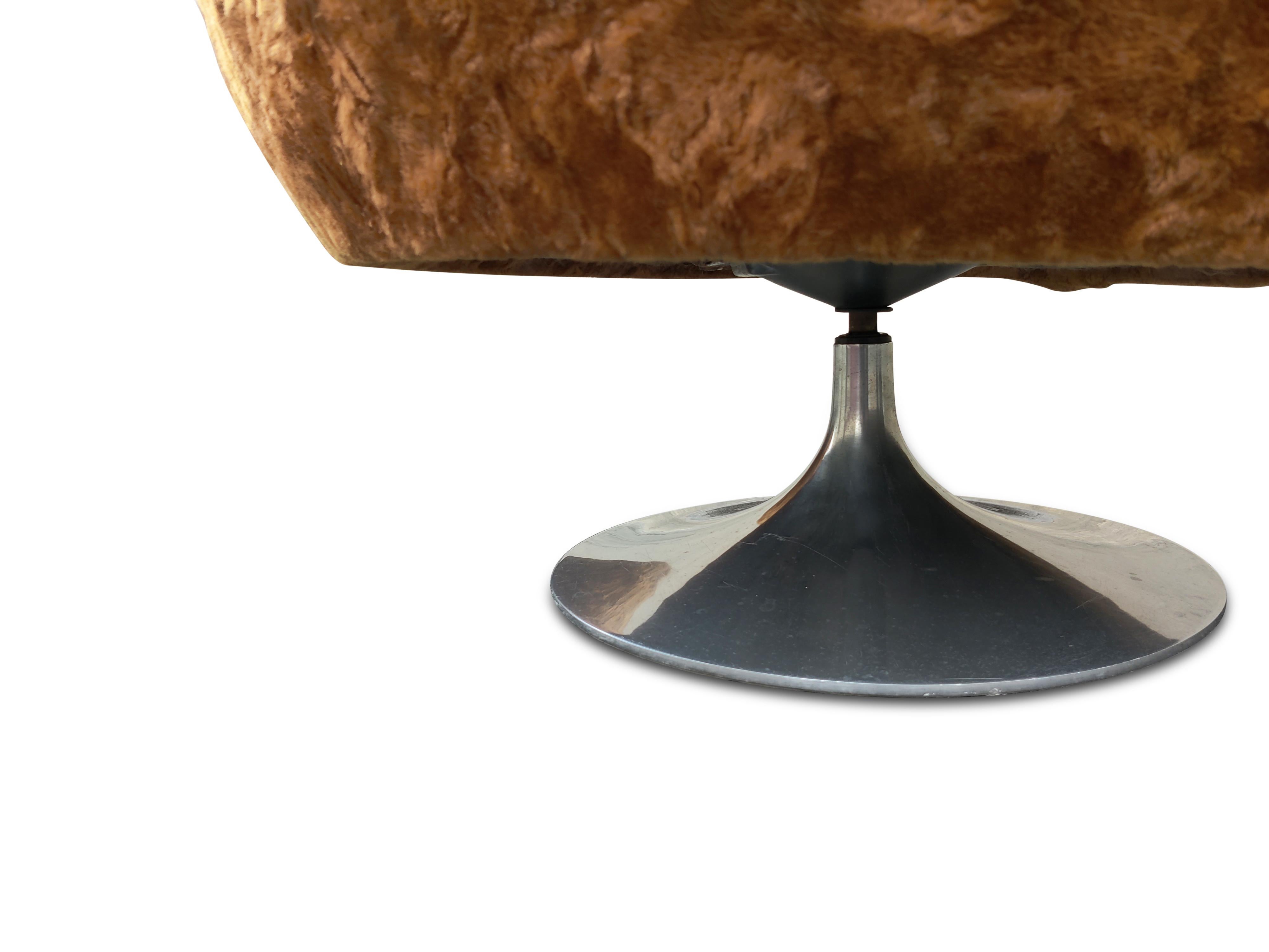 Pair Adrian Pearsall Barrel Form Swivel Chairs Brown Fur Upholstry Tulip Bases For Sale 2
