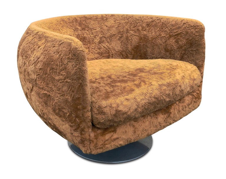 Pair Adrian Pearsall Barrel Form Swivel Chairs Brown Fur Upholstry