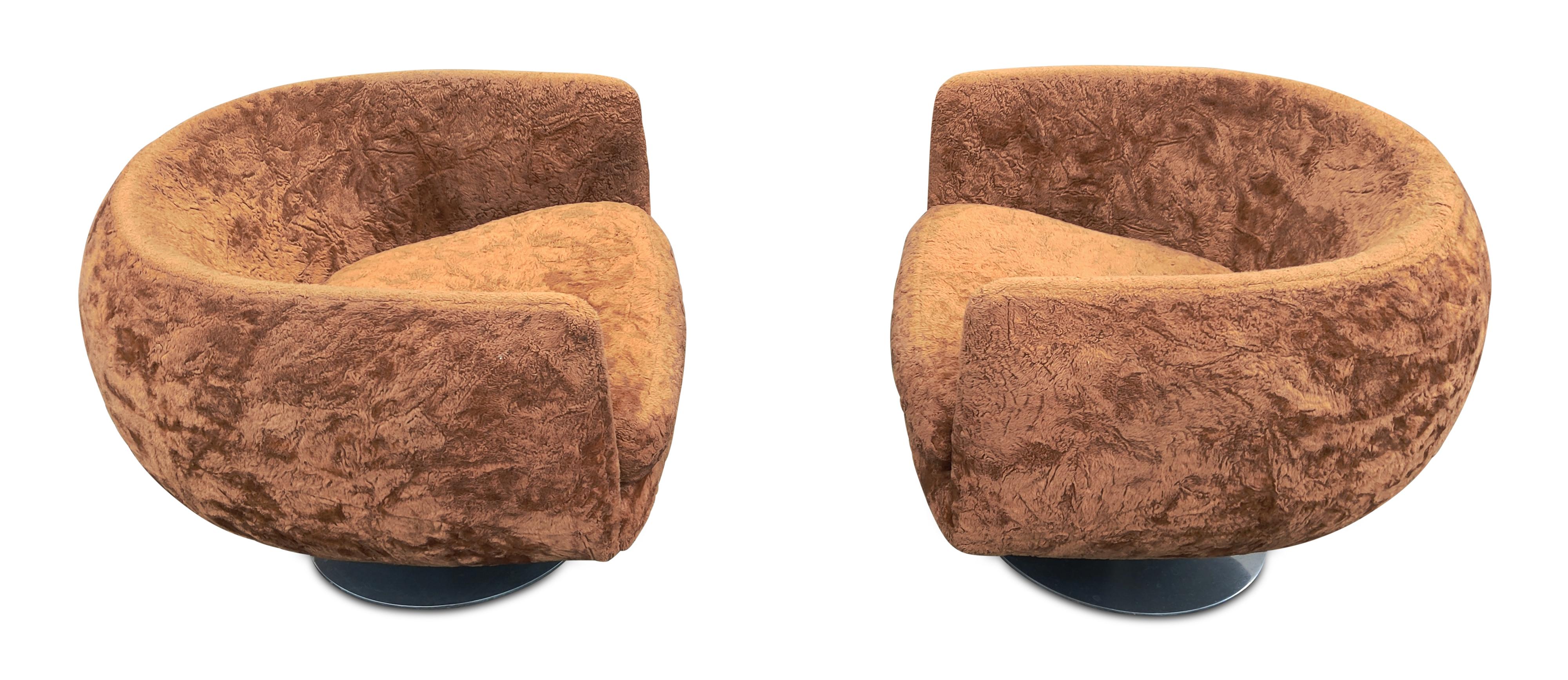 Mid-Century Modern Pair Adrian Pearsall Barrel Form Swivel Chairs Brown Fur Upholstry Tulip Bases For Sale