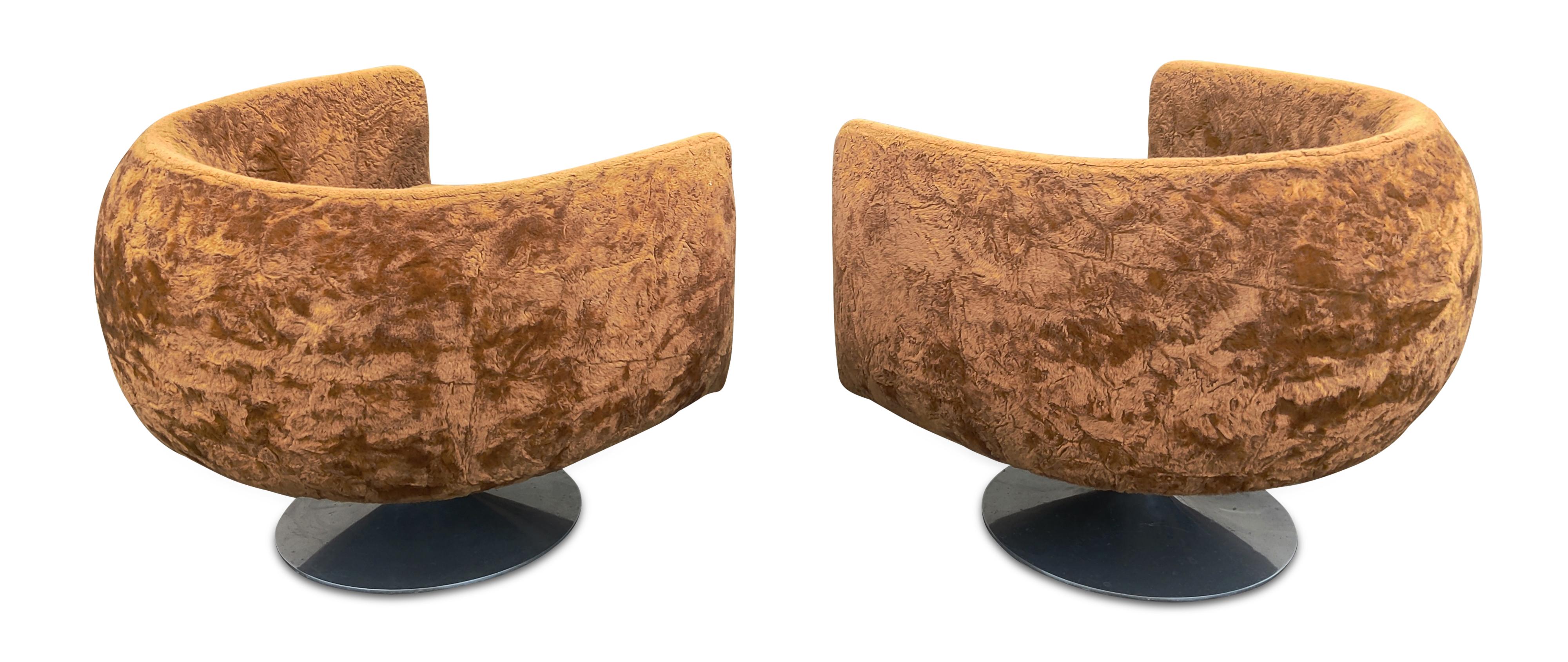 American Pair Adrian Pearsall Barrel Form Swivel Chairs Brown Fur Upholstry Tulip Bases For Sale