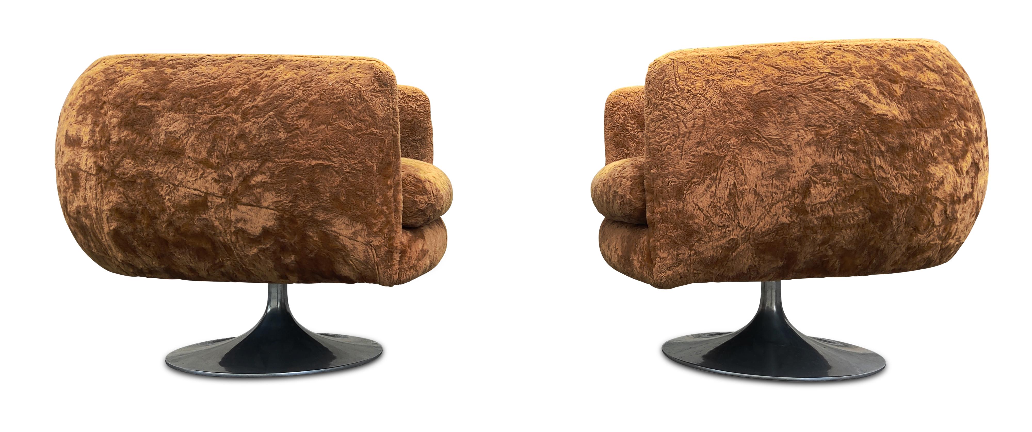 Polished Pair Adrian Pearsall Barrel Form Swivel Chairs Brown Fur Upholstry Tulip Bases For Sale