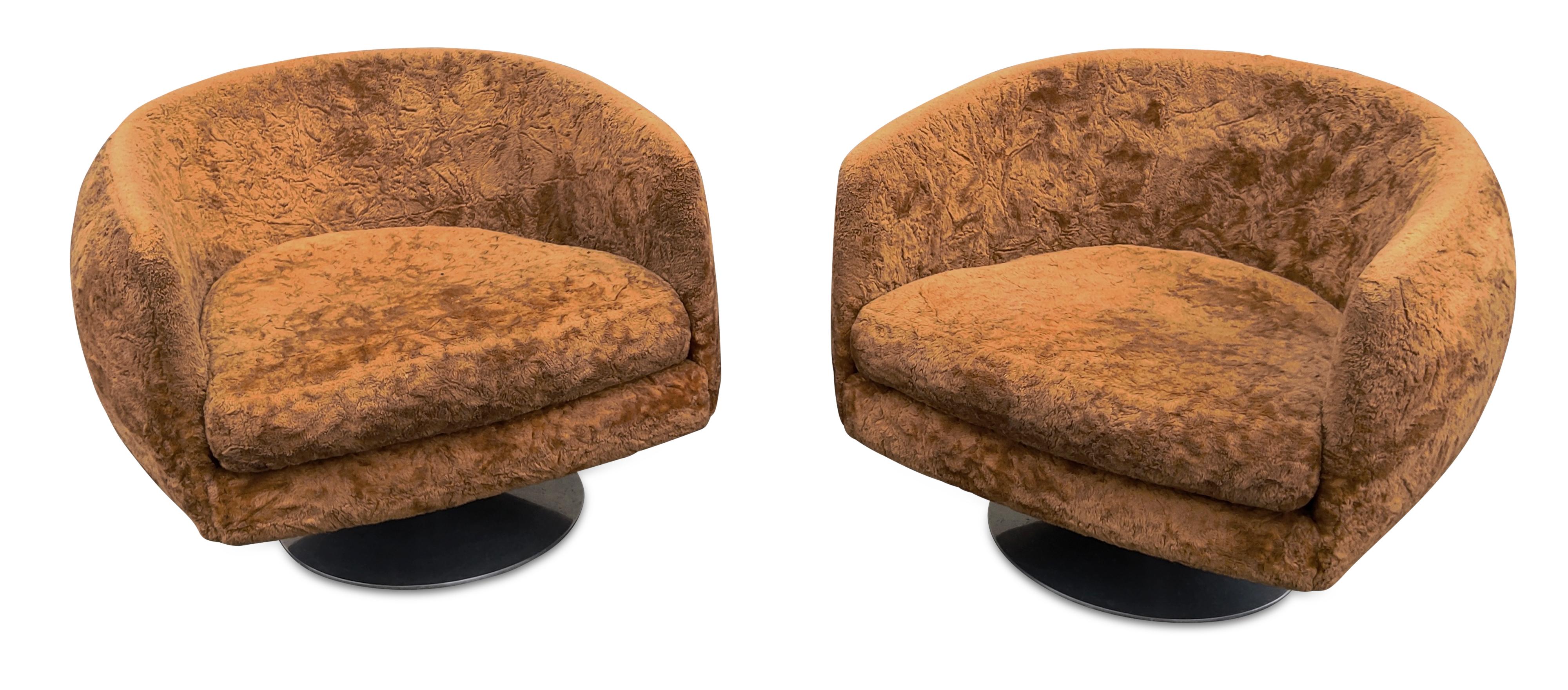 Pair Adrian Pearsall Barrel Form Swivel Chairs Brown Fur Upholstry Tulip Bases In Good Condition For Sale In Philadelphia, PA