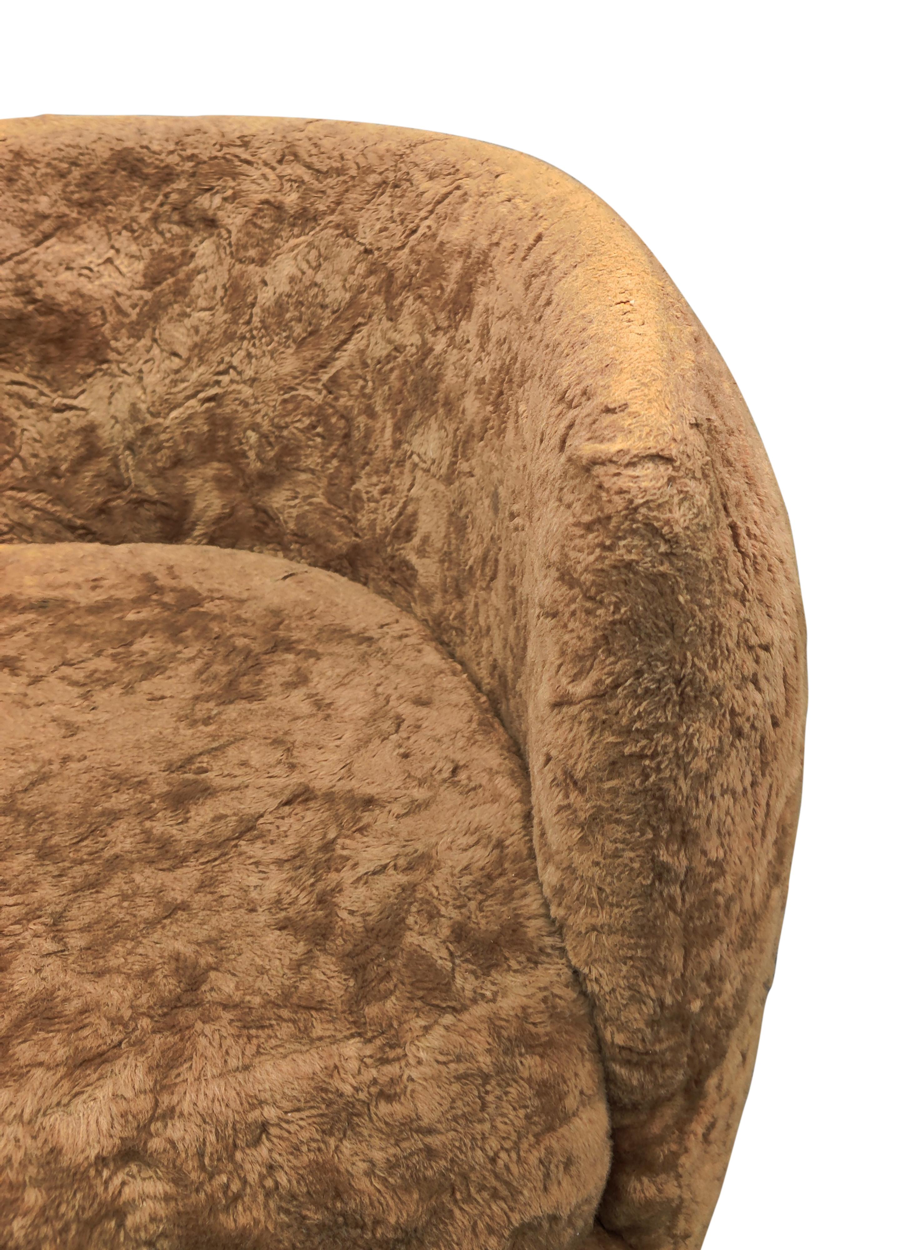 Pair Adrian Pearsall Barrel Form Swivel Chairs Brown Fur Upholstry Tulip Bases For Sale 1